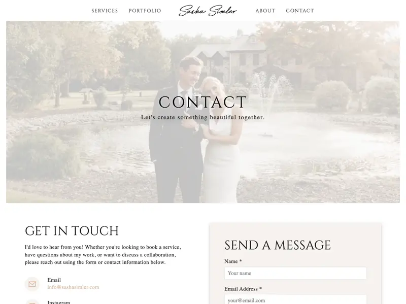 Sasha Simler Website - Desktop Contact Page